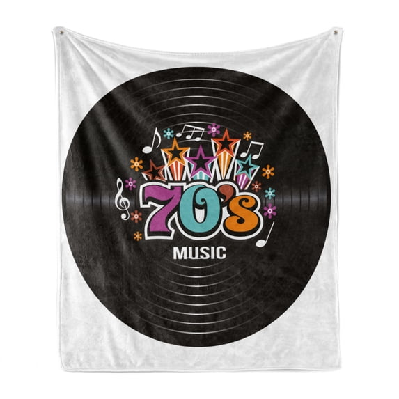 70s Party Soft Flannel Fleece Blanket, Music Theme Colorful Stars Flowers Notes Record Vinyl Discography Artwork Print, Cozy Plush for Indoor and Outdoor Use, 70" x 90", Multicolor, by Ambesonne