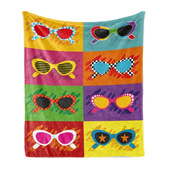 70s Party Soft Flannel Fleece Blanket, Pop Art Style Sunglasses Vibrant Colorful Combination Summer Season Fun Artwork, Cozy Plush for Indoor and Outdoor Use, 60" x 80", Multicolor, by Ambesonne