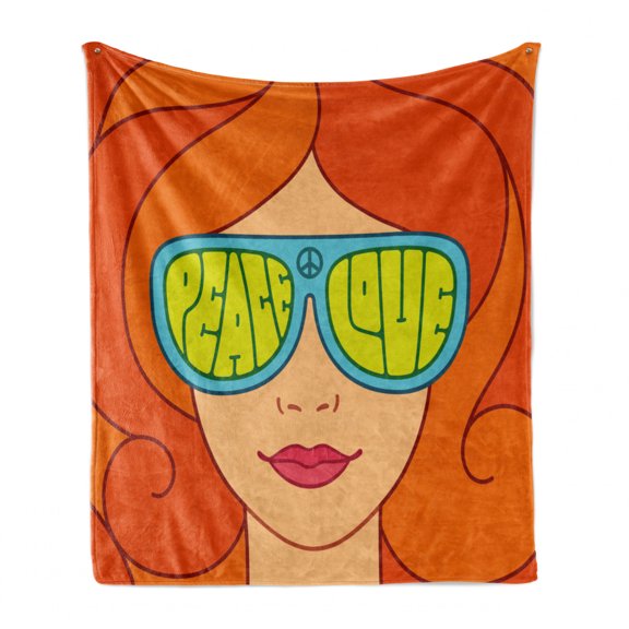 70s Party Soft Flannel Fleece Blanket, Red Haired Girl with Sunglasses Retro Typography Hippie with Love and Peace Print, Cozy Plush for Indoor and Outdoor Use, 50" x 60", Multicolor, by Ambesonne