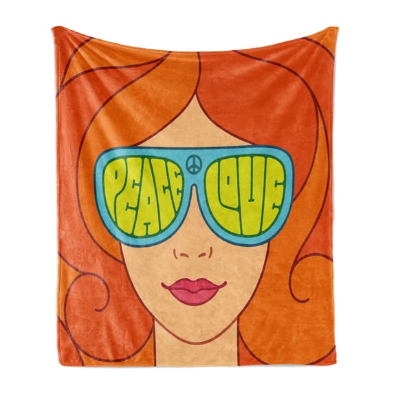 70s Party Soft Flannel Fleece Blanket, Red Haired Girl with Sunglasses Retro Typography Hippie with Love and Peace Print, Cozy Plush for Indoor and Outdoor Use, 50" x 70", Multicolor, by Ambesonne