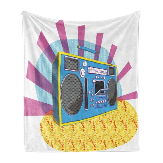70s Party Soft Flannel Fleece Blanket, Retro Boom Box in Pop Art Manner Dance Music Colorful Composition Artwork Print, Cozy Plush for Indoor and Outdoor Use, 70" x 90", Multicolor, by Ambesonne