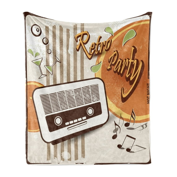 70s Party Soft Flannel Fleece Blanket, Retro Party Themed Artwork Old Radio Cocktails Floral Details Print, Cozy Plush for Indoor and Outdoor Use, 50" x 60", Orange Dark Brown Beige, by Ambesonne