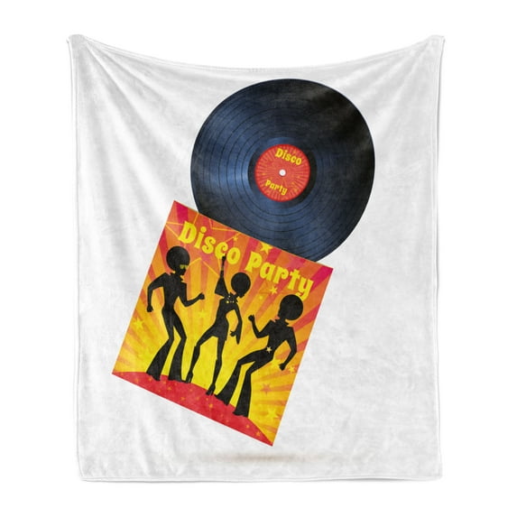 70s Party Soft Flannel Fleece Blanket, Vinyl Record Cover with Disco Party Illustration Dancers Music Art Print, Cozy Plush for Indoor and Outdoor Use, 70" x 90", Orange Yellow White, by Ambesonne