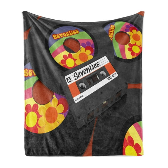 70s Party Soft Flannel Fleece Throw Blanket, Compact Cassette Player and Some Vinyl Records with Seventies Text Oldschool, Cozy Plush for Indoor and Outdoor Use, 70" x 90", Multicolor, by Ambesonne