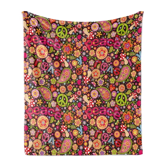 70s Party Soft Flannel Fleece Throw Blanket, Groovy Peace and Love Composition Hallucinatory Mushrooms Flowers Joyful Vivid, Cozy Plush for Indoor and Outdoor Use, 70" x 90", Multicolor, by Ambesonne