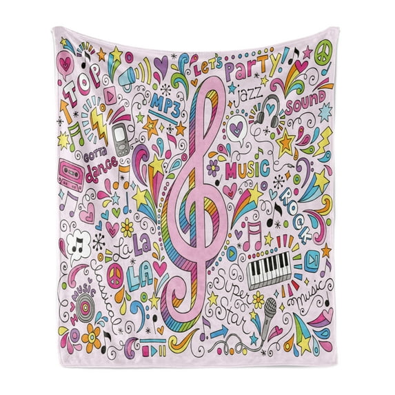70s Party Soft Flannel Fleece Throw Blanket, Music Clef Groovy Psychedelic Doodles Hand Drawn Hippie Signs Artwork, Cozy Plush for Indoor and Outdoor Use, 50" x 70", Multicolor, by Ambesonne