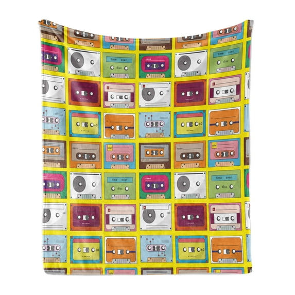 70s Party Soft Flannel Fleece Throw Blanket, Music Tape Design Pattern Audio Cassette Oldschool Cool Record Analogue, Cozy Plush for Indoor and Outdoor Use, 50" x 70", Multicolor, by Ambesonne