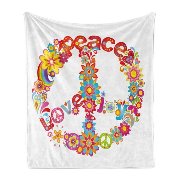 70s Party Soft Flannel Fleece Throw Blanket, Peace Sign with Colorful Flowers and Rainbows Love and Joy Composition, Cozy Plush for Indoor and Outdoor Use, 60" x 80", Multicolor, by Ambesonne