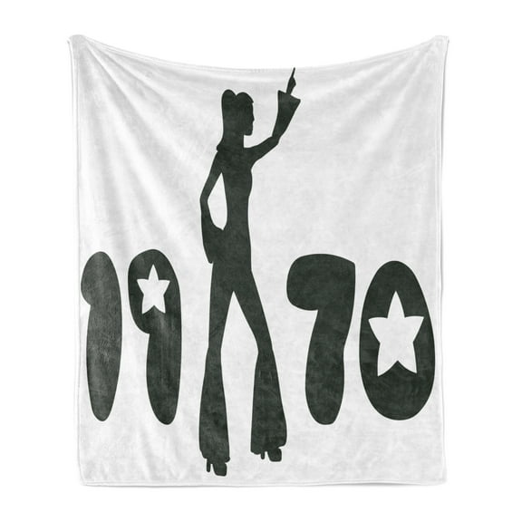 70s Party Soft Flannel Fleece Throw Blanket, Retro Seventies Woman Silhouette with Stars Dancing Fashion Youth Design, Cozy Plush for Indoor and Outdoor Use, 60" x 80", Black and White, by Ambesonne