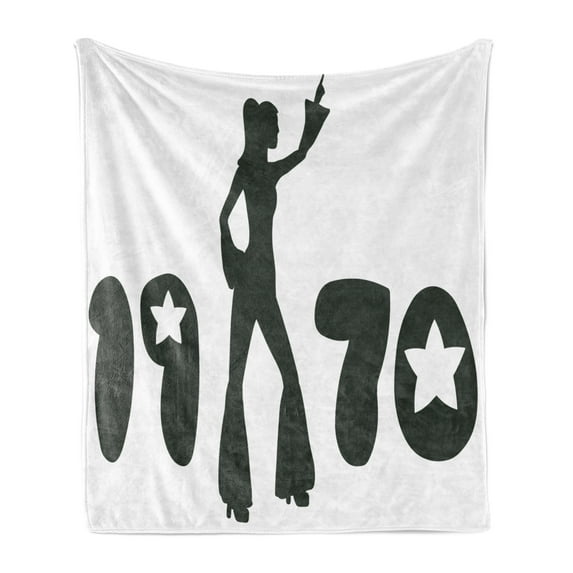 70s Party Soft Flannel Fleece Throw Blanket, Retro Seventies Woman Silhouette with Stars Dancing Fashion Youth Design, Cozy Plush for Indoor and Outdoor Use, 60" x 80", Black and White, by Ambesonne