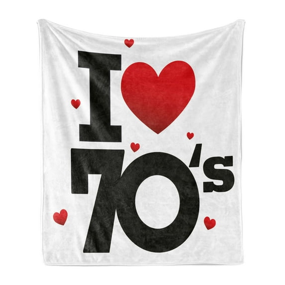 70s Party Soft Flannel Fleece Throw Blanket, Seventies with Various Shaped Hearts Vintage and Retro Typography, Cozy Plush for Indoor and Outdoor Use, 60" x 80", Black Red, by Ambesonne