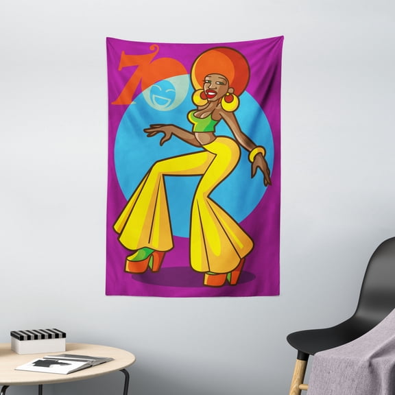 70s Party Tapestry, African American Woman Dancing at the Disco Funky Fashion with Smiling Face Art, Wall Hanging for Bedroom Living Room Dorm Decor, 40W X 60L Inches, Multicolor, by Ambesonne