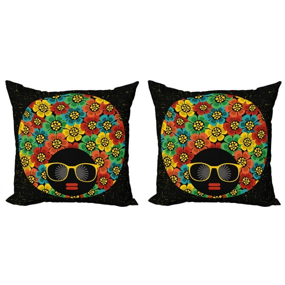 Ambesonne Retro Throw Pillow Cover 2 Pack, Woman Head Flower Hair, 16", Multicolor