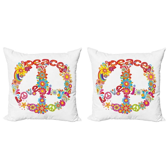 Ambesonne Colorful Throw Pillow Cover 2 Pack, Peace Love Joy Flowers, 20", Multicolor