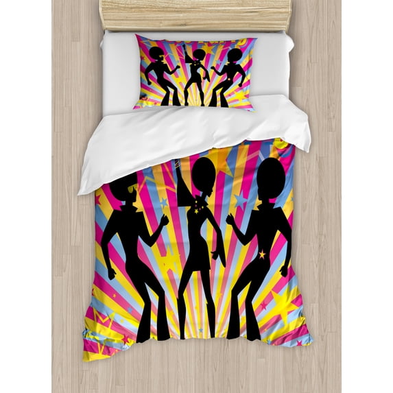 70s Party Twin Size Duvet Cover Set, Dancing People Silhouettes with Afro Hair Disco Party and Funky Display Print, Decorative 2 Piece Bedding Set with 1 Pillow Sham, Multicolor, by Ambesonne