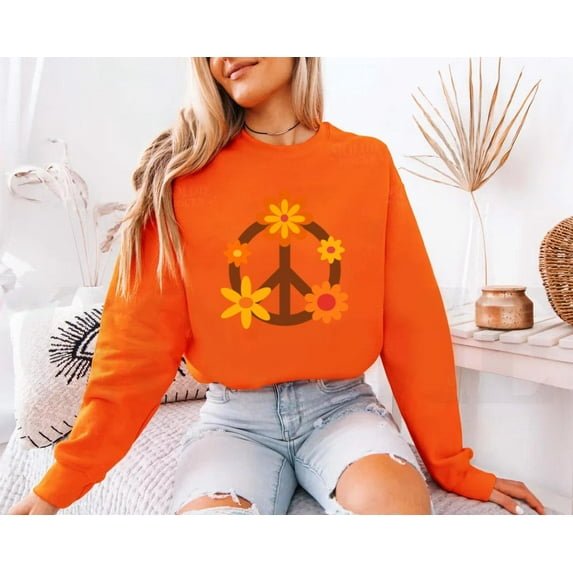 70s Peace Sign With Groovy Flowers Retro Hippie Graphic Vintage Style Sweatshirt, for men & women, up to size 5XL.