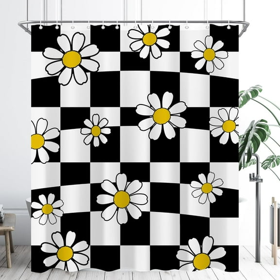 70s Retro Black White Checkered Daisy Shower Curtain Flower Checkerboard Cute Vintage Wavy Funky Shower Curtain Set for Bathtub Curtain Decor Groovy Bathroom Curtain 72"W x 72"L (Pack of 1)