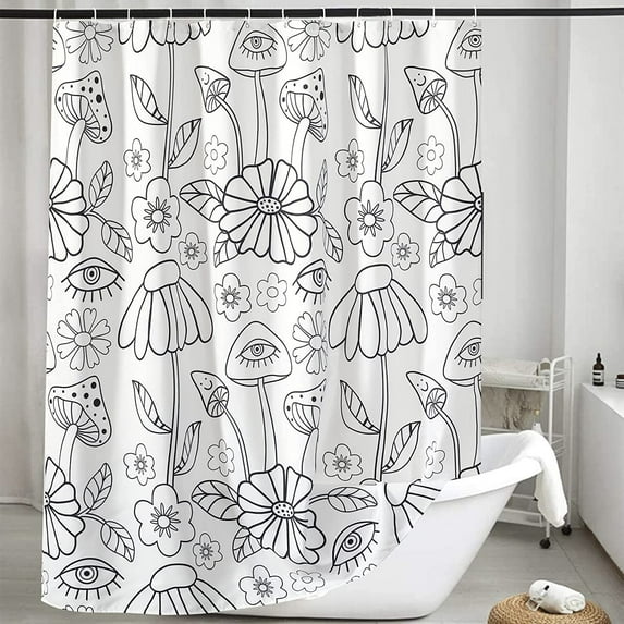 70s Retro Boho Floral Psychedelic Shower Curtain in Yellow Orange, Funky Mushrooms Flowers and Eyes Trippy Hippie Vintage Fabric Shower Curtain Set Cottage-core Abstract Aesthetic Bathroom Decor