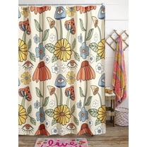 70s Retro Boho Floral Psychedelic Shower Curtain in Yellow Orange, Funky Mushrooms Flowers and Eyes Trippy Hippie Vintage Fabric Shower Curtain Set Cottage-core Abstract Aesthetic Bathroom Decor