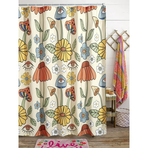 70s Retro Boho Floral Psychedelic Shower Curtain in Yellow Orange, Funky Mushrooms Flowers and Eyes Trippy Hippie Vintage Fabric Shower Curtain Set Cottage-core Abstract Aesthetic Bathroom Decor