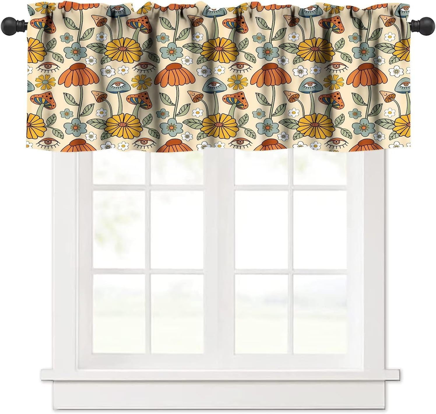 70s Retro Boho Floral Valances Curtains in Yellow Orange, Funky ...