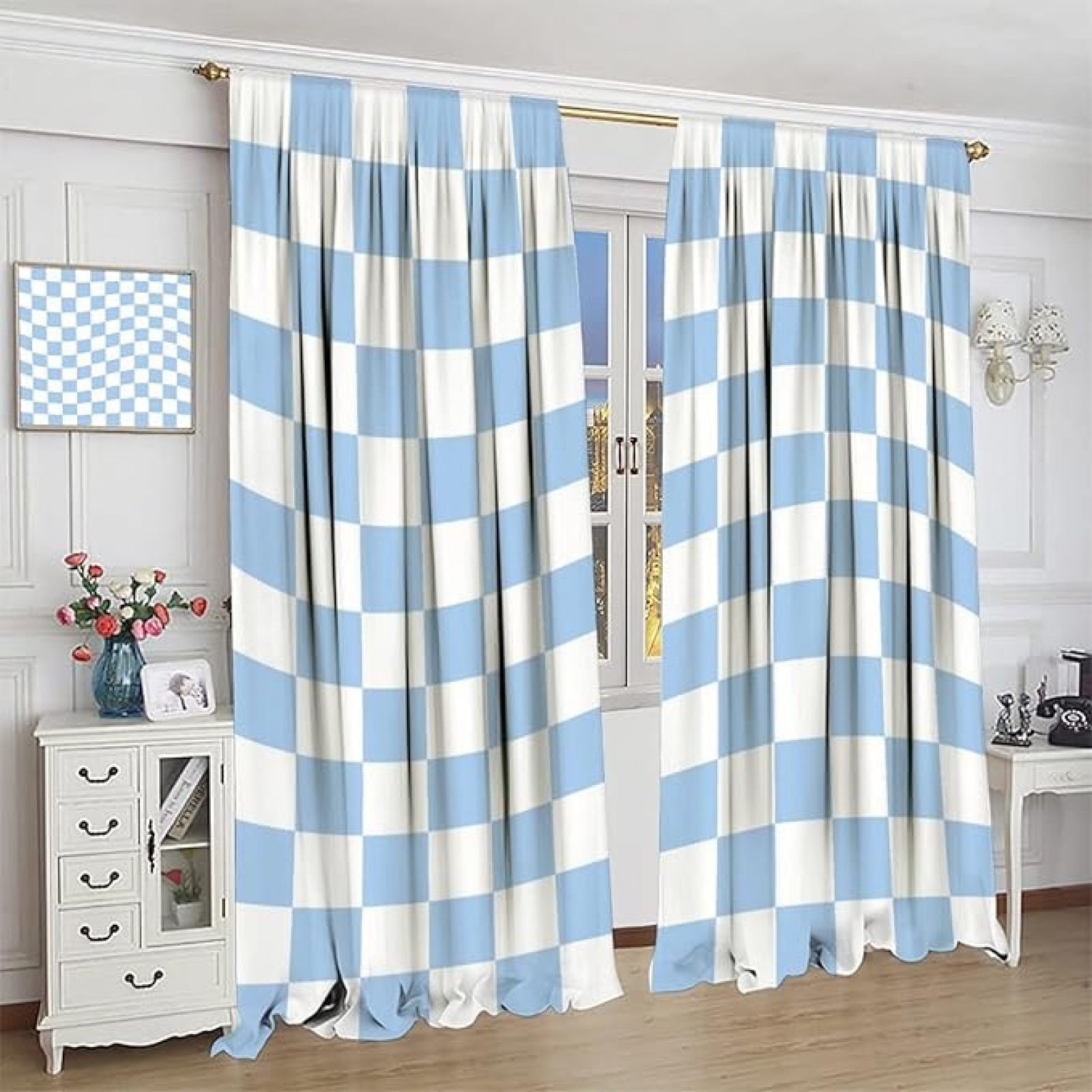 70s Retro Checkerboard Curtains, Abstract Funky Modern Design Geometric