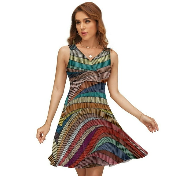 70s Retro Colorful Wavy Dress Summer Street Style Dresses Female Sleeveless Printed Sundress