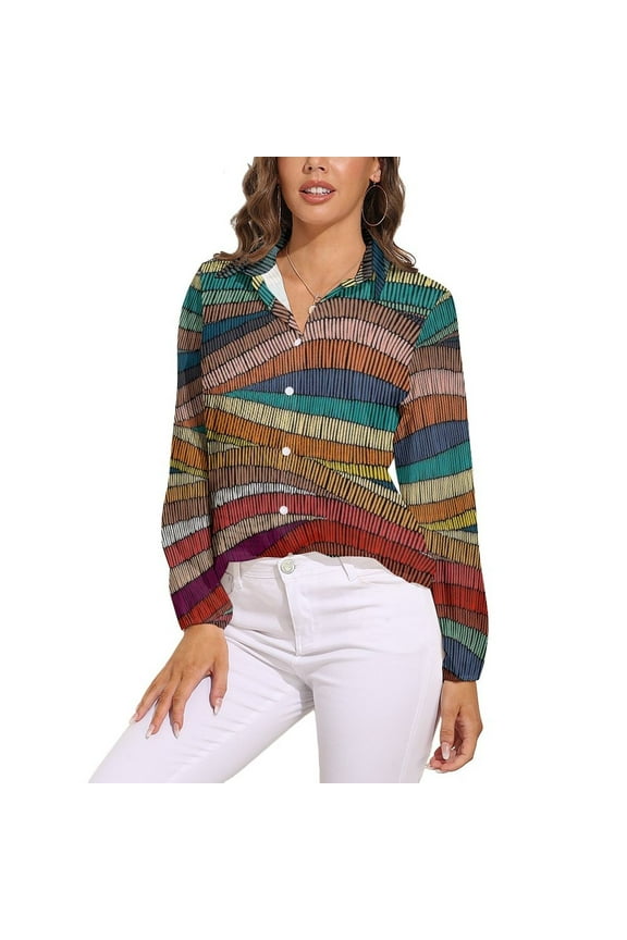 70s Retro Colorful Wavy Long Sleeve Blouse Woman Streetwear Casual Shirts Summer Oversize Woman Streetwear Clothing Birthday Present