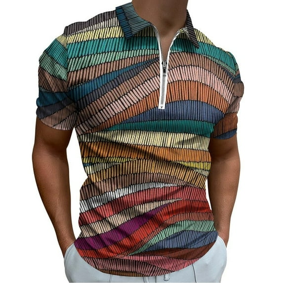 70s Retro Colorful Wavy Men Zipper T-shirt Summer Casual Short Sleeve T-shirt Top