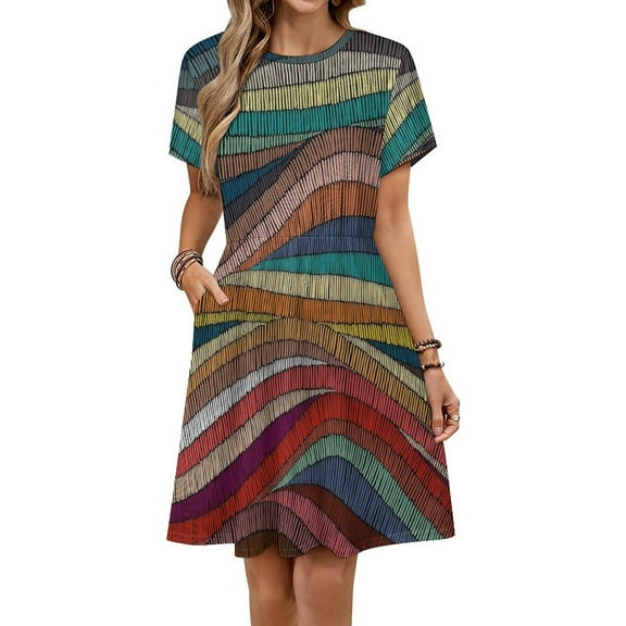 70s Retro Colorful Wavy Short Sleeve Dress Women Summer Evening Dresses Ladies Sundress