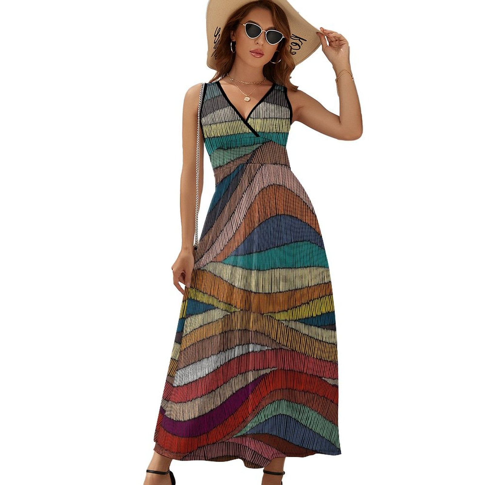 70s Retro Colorful Wavy Womens Night Club Maxi Dress V Neck Sleeveless  Bohemia Long Dresses
