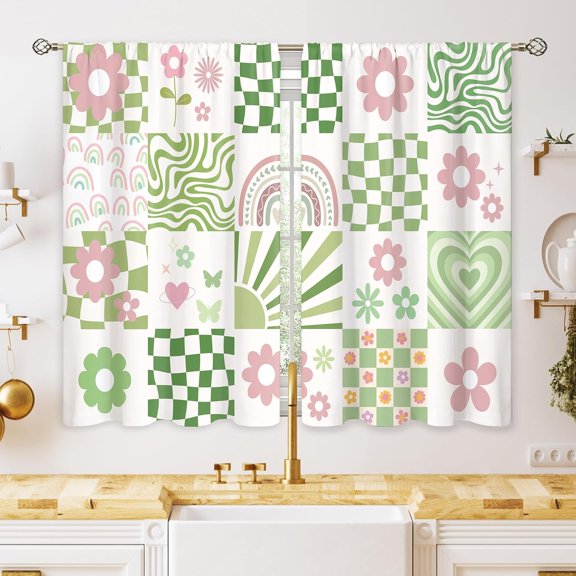 70s Retro Cute Green Pink Flower Small Kitchen Curtains Checkered Groovy Window Treatment Funky Rod Pocket Cafe Short Window Curtains for Bathroom Dining Room Tier Treatment Drape 27.5x39 inch