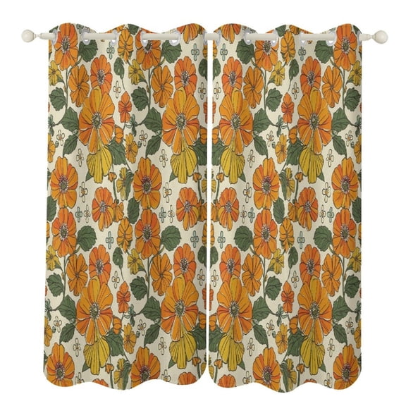 70s Retro Floral Blackout Curtains Window Drapes Room Darkening Thermal Insulated Grommets Curtains, for Living, Dining, Bedroom,2 Panels