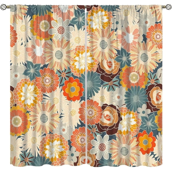 70s Retro Floral Boho Curtains Groovy Wavy Geometric Hippie Cute Flowers Yellow Orange Abstract Print Suitable for Home Hut Blackout Window Drapes Decoration 53"W x 63"L (Pack of 2)