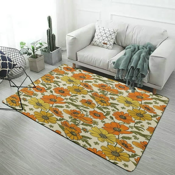 70s Retro Floral Carpet Soft Comfy Rug for Home Living Room Bedroom Area Rug Non-slip Doormat Decor