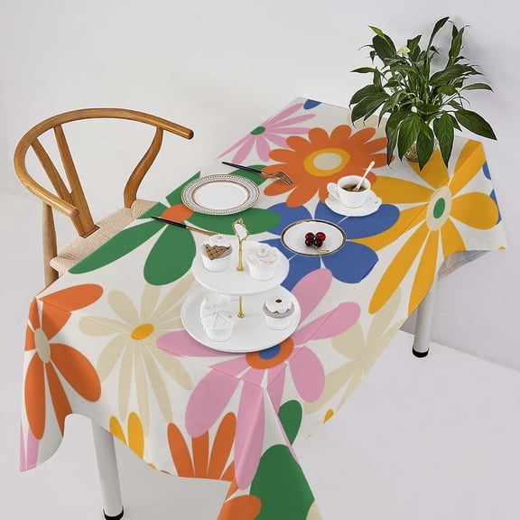 70s Retro Flower Tablecloth, 60s Vintage Groovy Daisy Flowers Boho Hippie Bright Colorful Floral Print Table Cover for Party Picnic Dining Room Kitchen 55x55inch