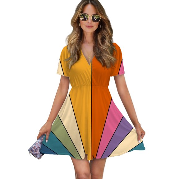 70s Retro Gallery Women Dress V-Neck Short Sleeve Flowy Swing Party Midi Dress