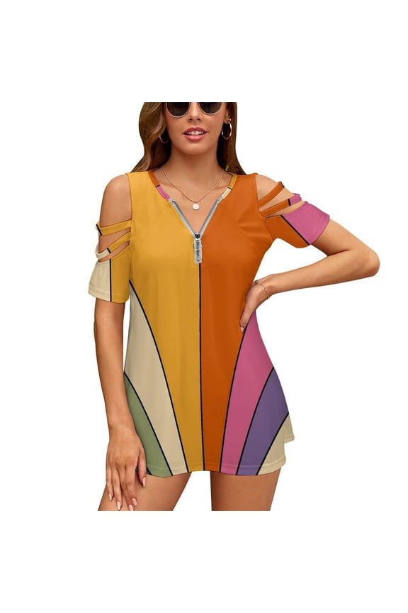 70s Retro Gallery Womens Summer V Neck Zipper Top Short Sleeve T Shirt Off Shoulder Top Casual Classy Loose Shirts