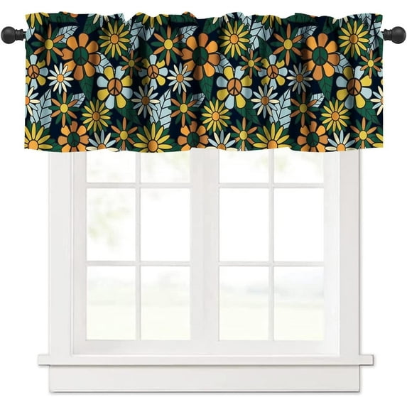 70s Retro Hippie Flowers Valances Curtains Vintage Groovy Floral Daisy Print Windows Short Curtain Valance for Kitchen Bedroom Bathroom Decor with Rod Pocket, One Panel 54X18 Inches
