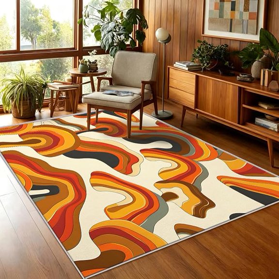 70s Retro Rug for Living Room, Home Decor Accessories | Psychedelic Funky 1970s Abstract Pattern, Orange Beige, Area Rugs Soft Non Slip Washable, Bedroom Bedside, Carpet Indoor 5 x 6ft
