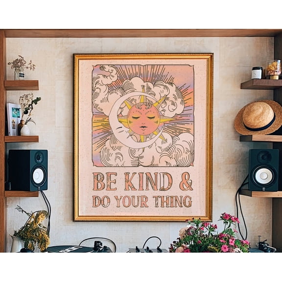 70s Retro Sun and Moon Poster amp39Be Kindamp39 Wall Art