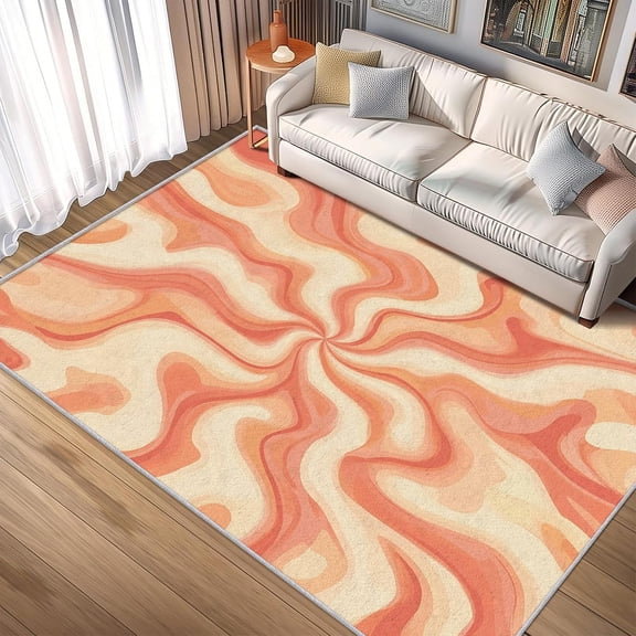 70s Retro Wave Area Rugs, Orange Peach Beige Marble Carpet, Washable Non Slip Low Pile Soft Rug for Bedroom Living Room Decor Mat 2x3ft