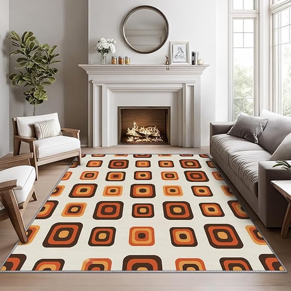 70s Rugs for Living Room, Retro Geometric Rug, Vintage Orange and Brown Area Rug, Mid Century Modern Washable Door Mat for Entryway, Kitchen, Retro Abstract Funky Home Decor & Gifts 2 x 3ft