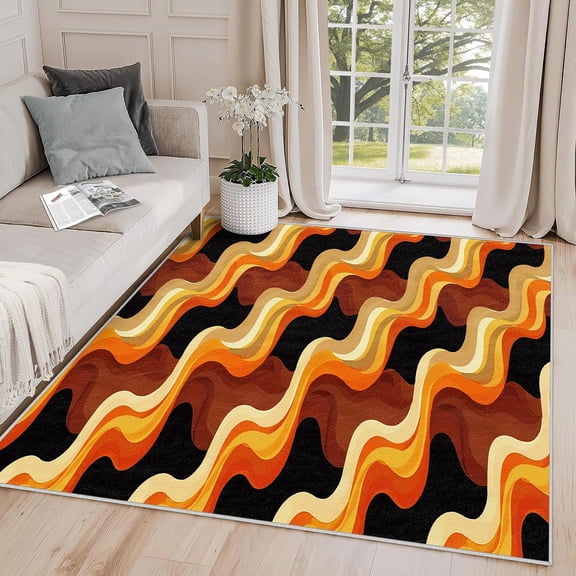 70s Rugs for Living Room, Retro Orange Striped Area Rug, Vintage Abstract Carpet, Washable Non Slip Soft Rugs, 70s Home Decor Gifts-5' x 8'