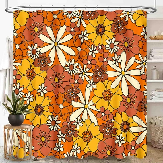 70s Shower Curtain,Vintage Retro Orange Daisy Floral Groovy Cute Flower Aesthetic Boho Funky Trippy Colorful Waterproof Fabric Bath Curtain Set with Hooks-36"W x 72"L (Pack of 1)