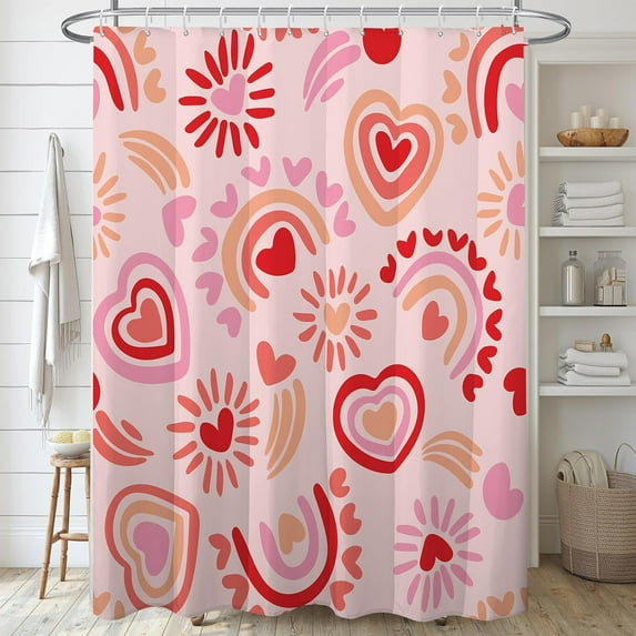 70s Style Valentine''s Day Shower Curtains for Bathroom, Pink Rainbow Love Sun Shower Curtains Set with 12 Hooks, Romantic Bath Curtains, Waterproof, Machine Washable
