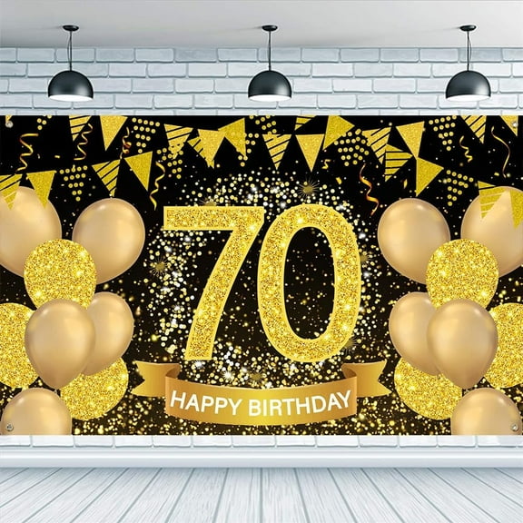 70th Birthday Backdrop Vintage Black Golden Balloons Shining Banner 70 HAPPY BIRTHDAY Backdrop Colorful Banner Decorations Birthday Theme Banner for Birthday Party