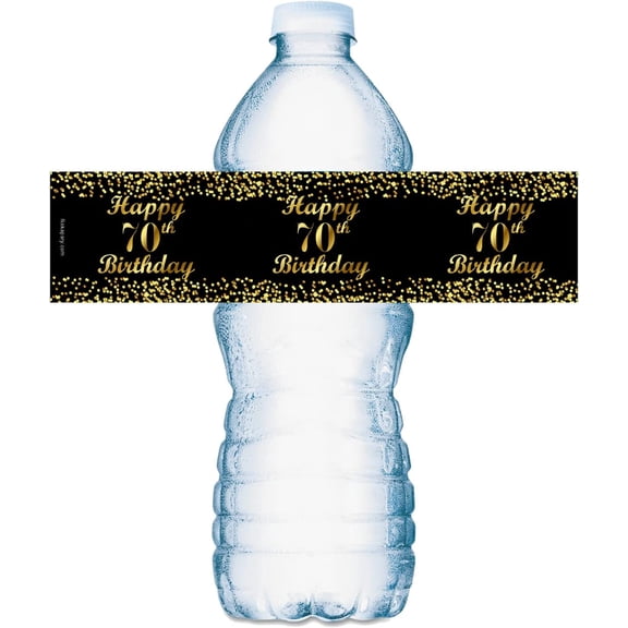 70th Birthday Black Water Bottle Labels; Set of 25 Waterproof Water Bottle Wrappers; Gold and Black Stickers. Happy Birthday Labels