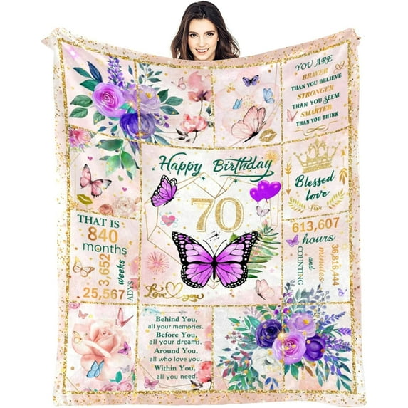 70th Birthday Blanket, 70 Year Old Gifts for Women, Happy 70th Birthday Gift Ideas, Butterfly Flower Throw Blanket Decorations Gifts for Birthday Anniversary Christmas Warm Flannel Blankets 50x60
