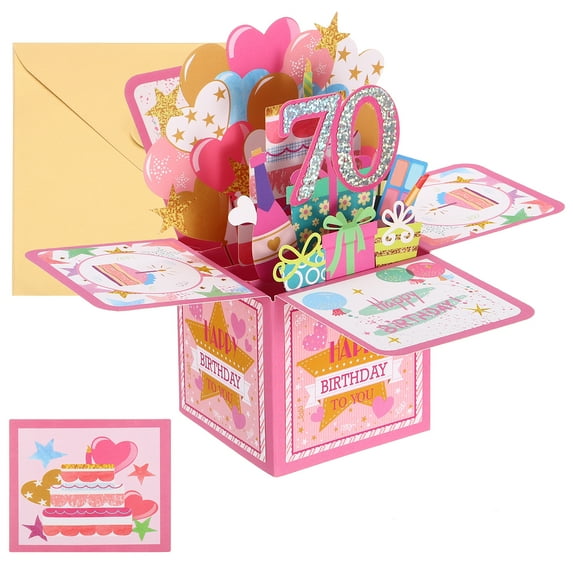 Uxcell 70th Birthday Card, Pop-Out Birthday Card with Greeting Card and Envelope for Women Girl Friends, Pink
